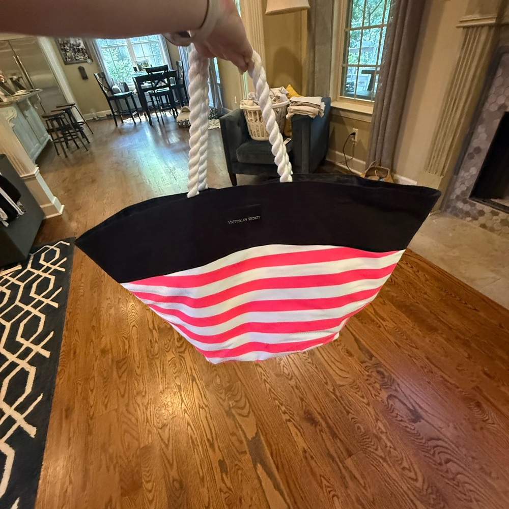 Victoria's Secret Black and Pink Striped Tote